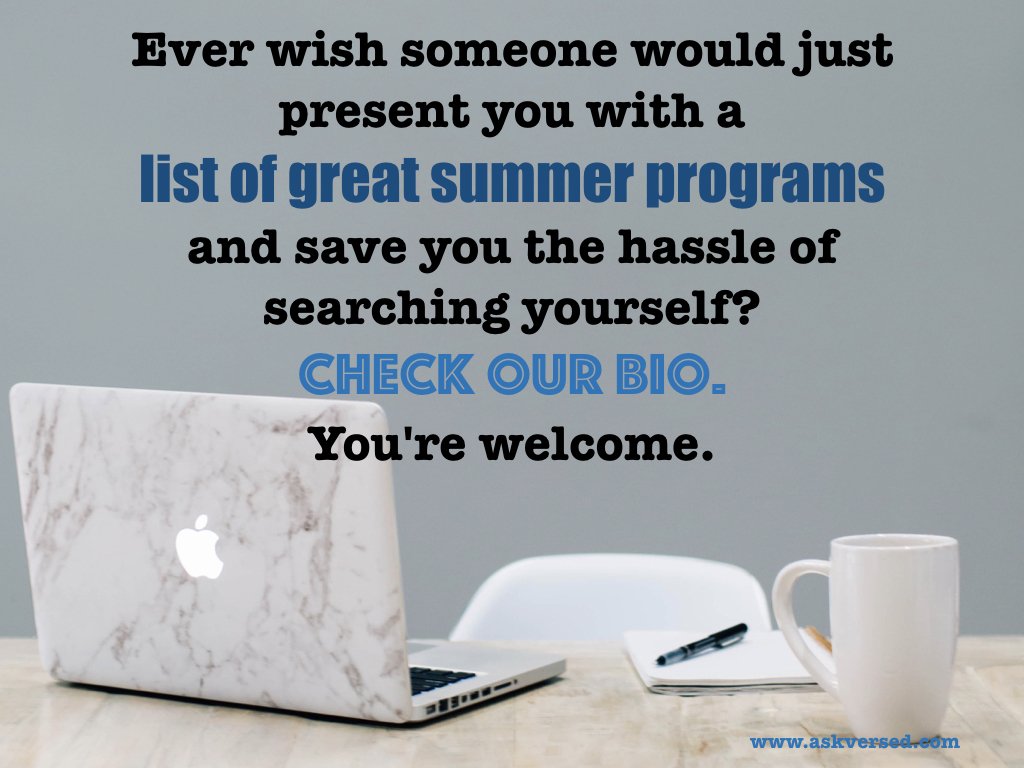 askversed's tweet photo. The link in my profile will take you directly to a curated, searchable list of fantastic programs...some are even free! #extracurricular #precollege #parentshelpingparents #raisingteens #middleschool #highschool #findingpassion #summerprograms https://t.co/6tjqY66pY0