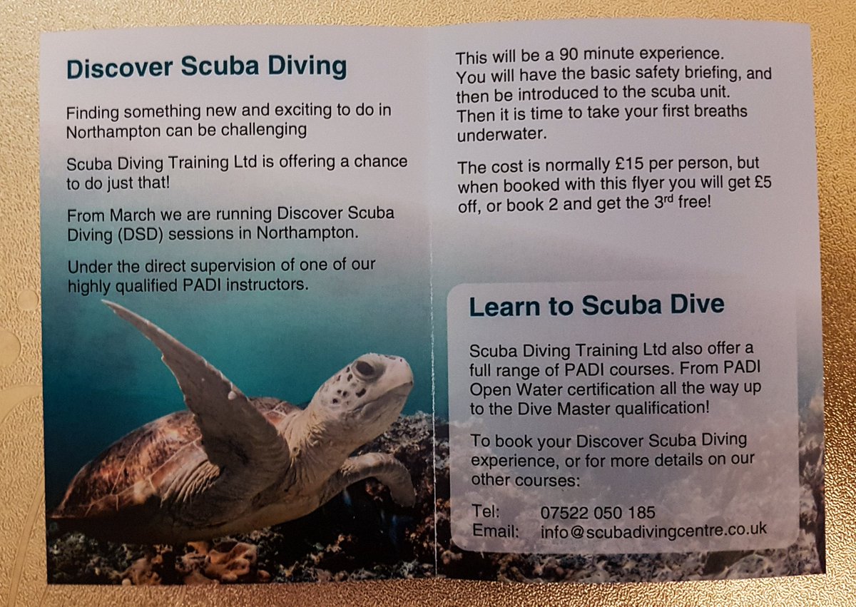 TrainingScuba's tweet image. Our latest flier just came in from printers 😎 #scuba #scubadiving #discoverscubadiving #Discovery #learn #fun #WednesdayMotivation Our website scubadivingcentre.co.uk for info; we're based in #Northamptonshire regularly diving in #UK #stoneycove #Leicester &amp;amp; #wraysbury #London