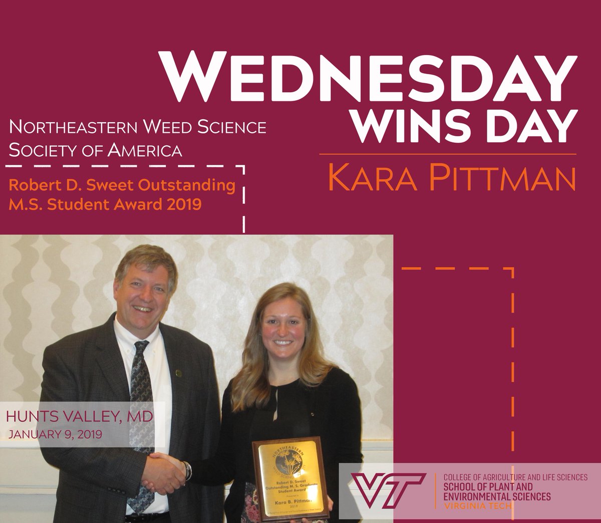 vtspes's tweet photo. Congrats Kara Pittman as #NEWSS 2019 Robert D. Sweet Outstanding M.S. Student. Kara is now a Research Associate here at VT with @VTAgWeeds in row #crop and #forage #weed management. #agriculture #virginiatech #womeninstem #agnews #virginiag #womeninag #extension #vtspes https://t.co/l5kNv0Tedy