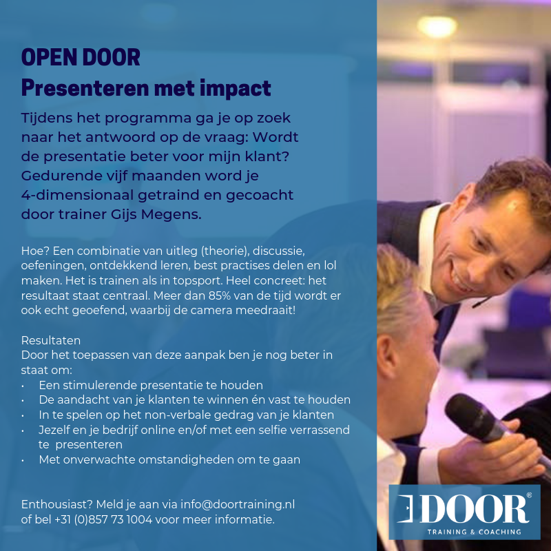 DOORnl's tweet photo. Presenteren met impact! Daarmee kan DOOR-trainer @GijsMegens je helpen. Mail naar info@doortraining.nl of bel +31 (0)857 73 1004 voor meer informatie. #presenteren #training #coaching #impact #oefenen https://t.co/TOY2KpXLeN