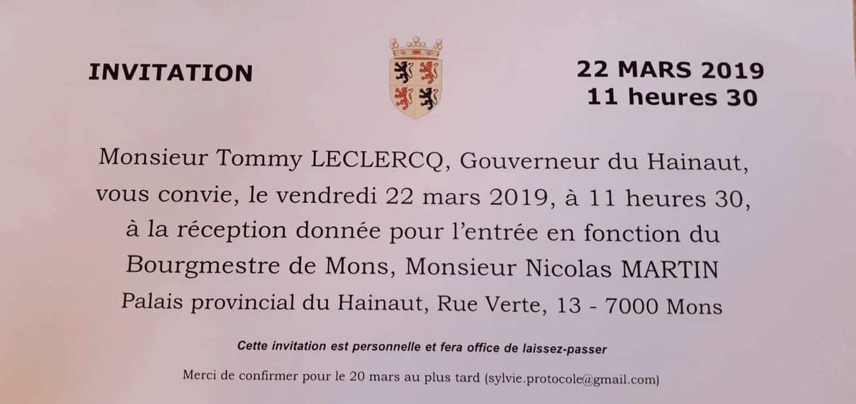 SavineMoucheron's tweet photo. Curieuse invitation reçue ce matin de la part du gouverneur ... #mons #bourgmestre #nicolasmartin #joyeuseentrée https://t.co/JwTVsEc9zs