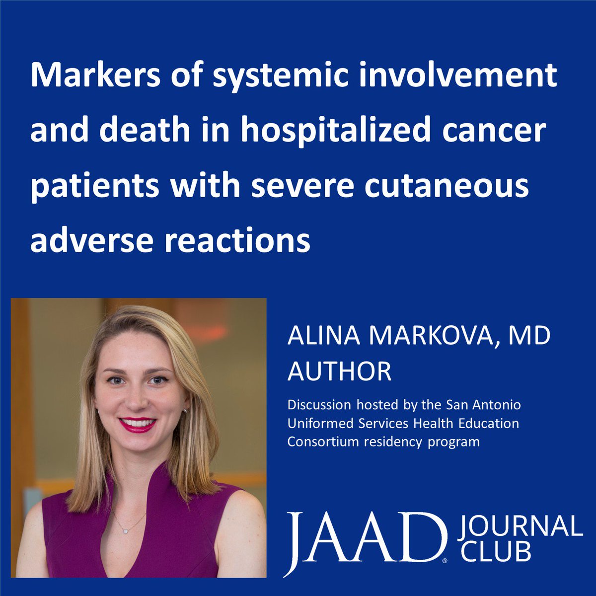 The next JAAD Journal Club discussion is March 28th! Author Alina Markova, MD will answer questions on her article "Markers of systemic involvement and death in hospitalized cancer patients with severe cutaneous adverse reactions." Join the club here: facebook.com/groups/jaadjou…