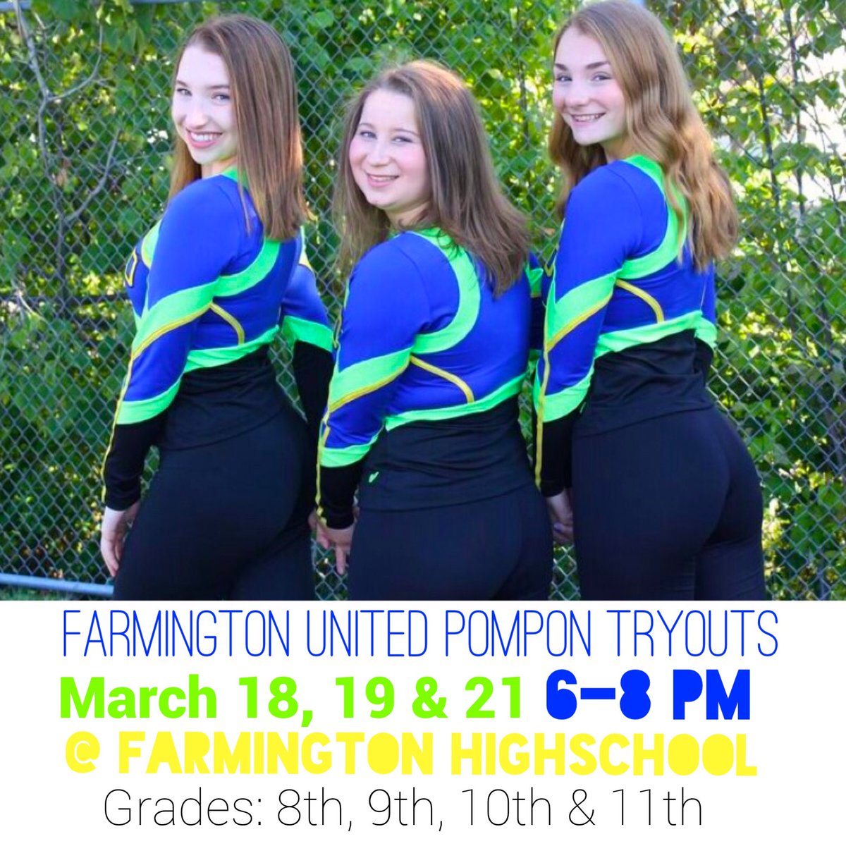 FarmUnitedPom's tweet photo. Our captains are super excited to lead tryouts next week! If you have any questions be sure to check out our Instagram story and ask them! We can’t wait to see you there :)💚💙💛 https://t.co/GspQBepts3