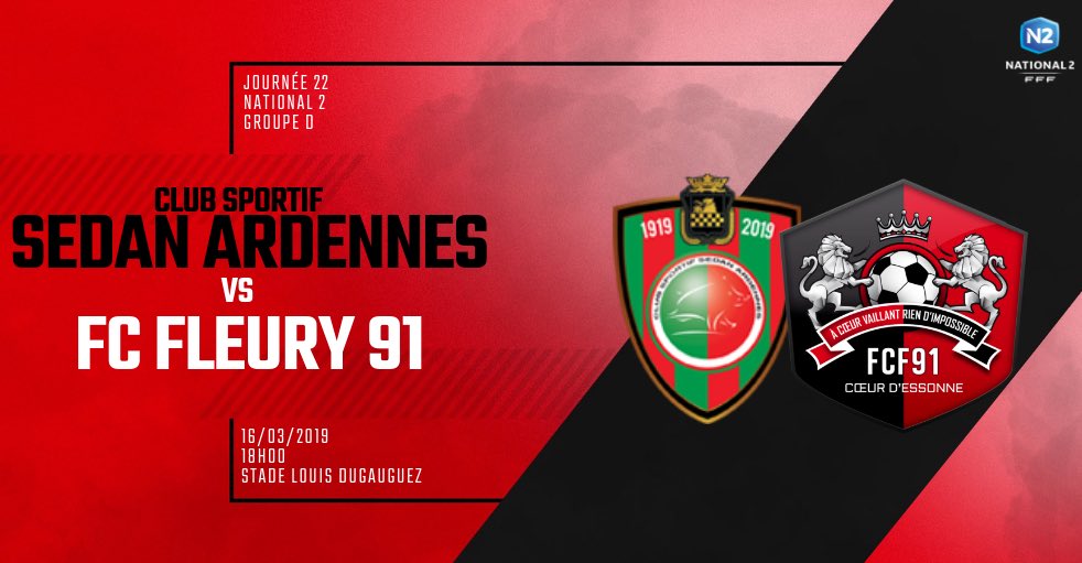 FCFleury91's tweet photo. #N2 Déplacement à Sedan pour les Lions, ce samedi à 18h ! 🔴⚫️ #CSSAFCF91 https://t.co/4ximff1MBw