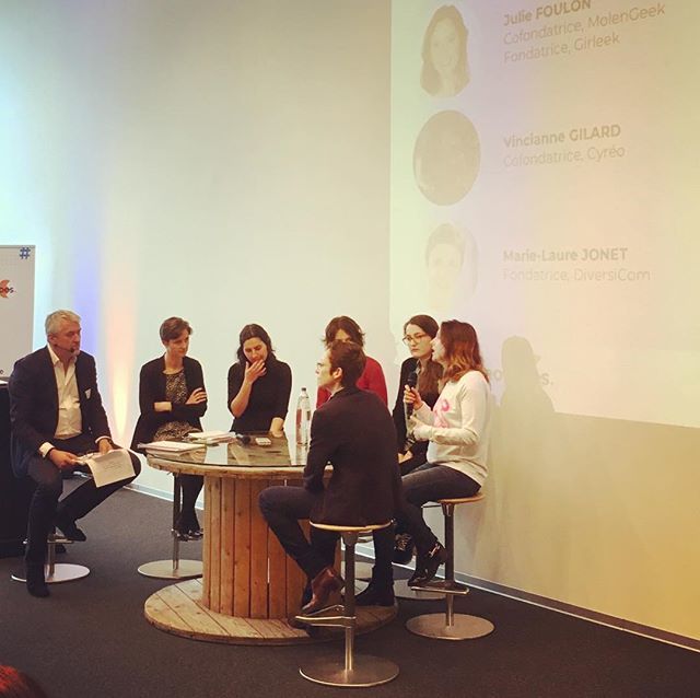 cdn's tweet photo. The very first chalenge for #WomanInTech are the preconceptions about female #entrepreneurship - #hackstereotypes with Julie @Girleek Foulon, Vincianne Gilard (Cyréo), Catherine Hansoul (@novacitis), Marie-Laure Jonet (DiversiCom), @Segozone (@kantify), Aubane Verger (resto … https://t.co/Gx3ff0pif1