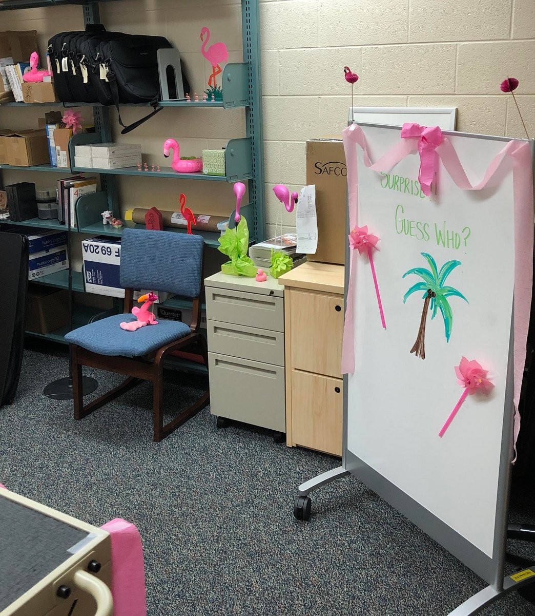 germannalibrary's tweet photo. The GSA Flocking Fundraiser is in full effect at the #germannalibraries Our Locust Grove campus and two of our librarians got flocked this week! Who could be next?! #flamingoflocking https://t.co/PvXwBefDmp