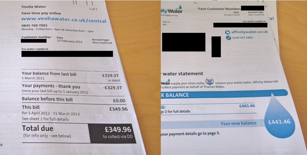 envio's tweet photo. #AffinityWater bill arrived today. Was about to throw out some older bills, then noticed that in just 7 years, the bill has rocketed by over £100! #RipOffBritain #BadMonopoly https://t.co/FarFEfhIYz