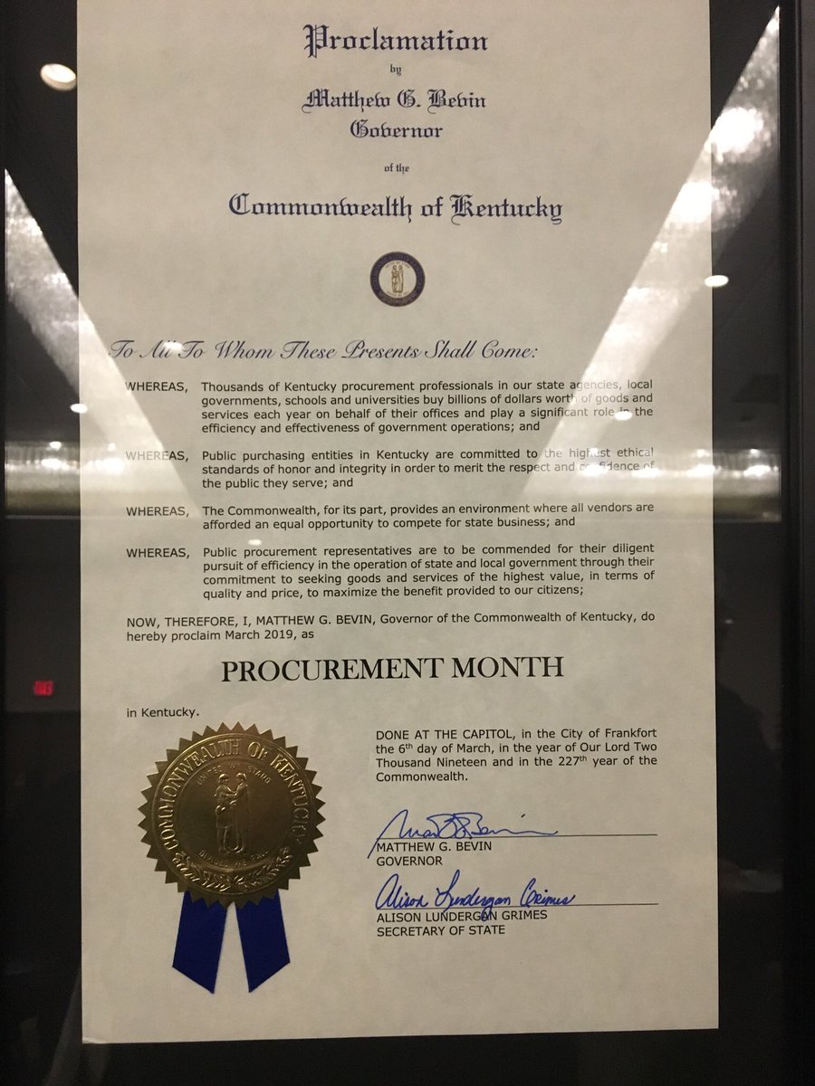 We’ll post another pic later when lighting is better, but here’s our Procurement Month proclamation from <a href="/GovMattBevin/">Governor Matt Bevin (2015-2019)</a>!  #MPM <a href="/NIGP/">Nigel Pearson</a>