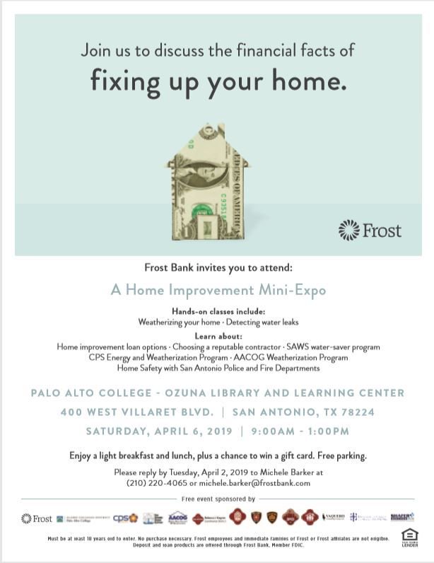 AlamoAreaCOG's tweet photo. Make sure to set yourself a reminder to attend this Home Improvement Mini-Expo. Here's what you can expect --> Hands-on classes on #weatherizing your home 
Where: @PACPR 400 WEST VILLARET BLVD. 
SAT, APRIL 6, 2019 9:00AM - 1:00PM 
@mySAWS @CPSEnergy @AACOG @SAPD @SAFD https://t.co/fcshLQxu80