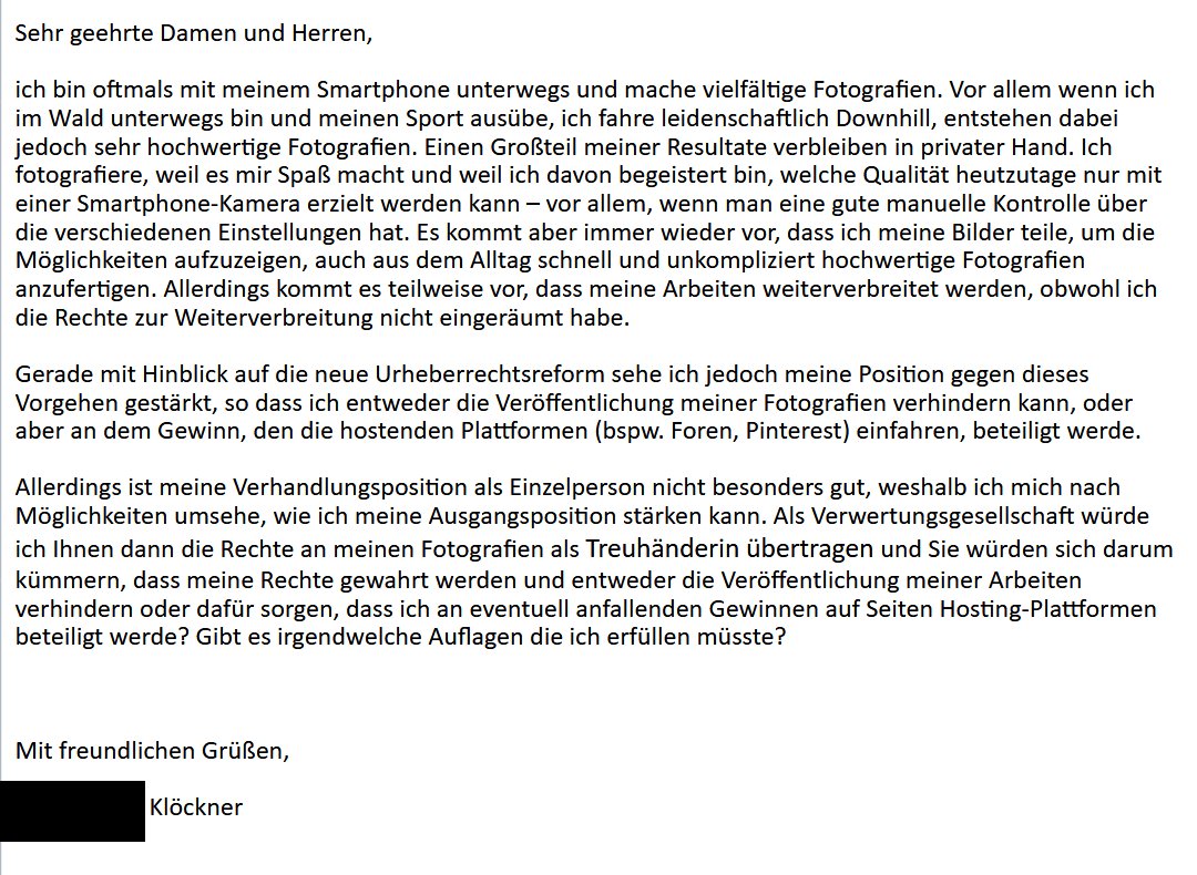 pidy_unlimited's tweet photo. Bei den @Uploadfilter wird immer auf die Lizenzen und die Verwertungsgesellschaften verwiesen. Also habe ich @gema_news und die VG Bild-Kunst angeschrieben. Letztere vertritt keine Privatpersonen, Portale müssen Lizenzvereinbarungen mit jeder Privatperson vereinbaren #Artikel13 https://t.co/VZC4JyLzKi