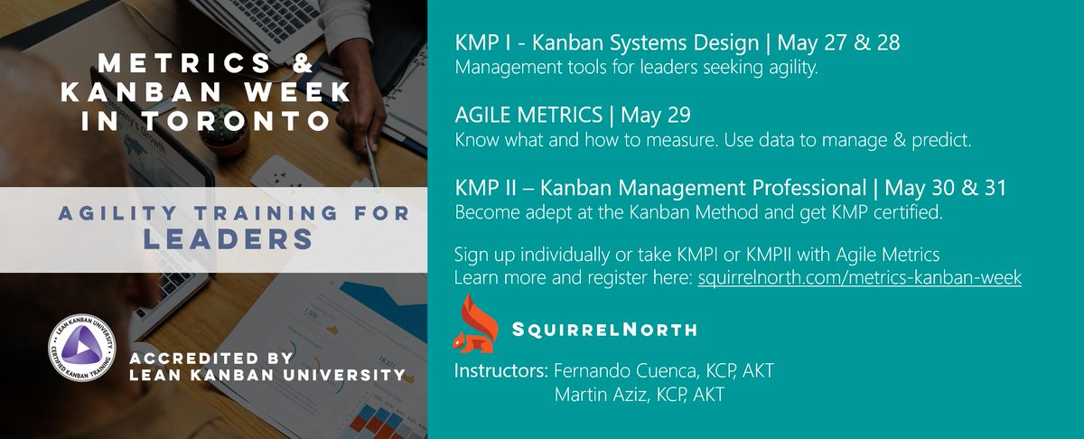 squirrel_north's tweet photo. May 27th is #Metrics and #Kanban training week in Toronto. Develop your skills as a leader in an increasingly agile environment. Taking #KMPI #KMPII some report gaining work super powers. Also for the 1st time a 1-day standalone #Agile Metrics class. https://t.co/akkAMjXzQY https://t.co/u6vxXlwHps
