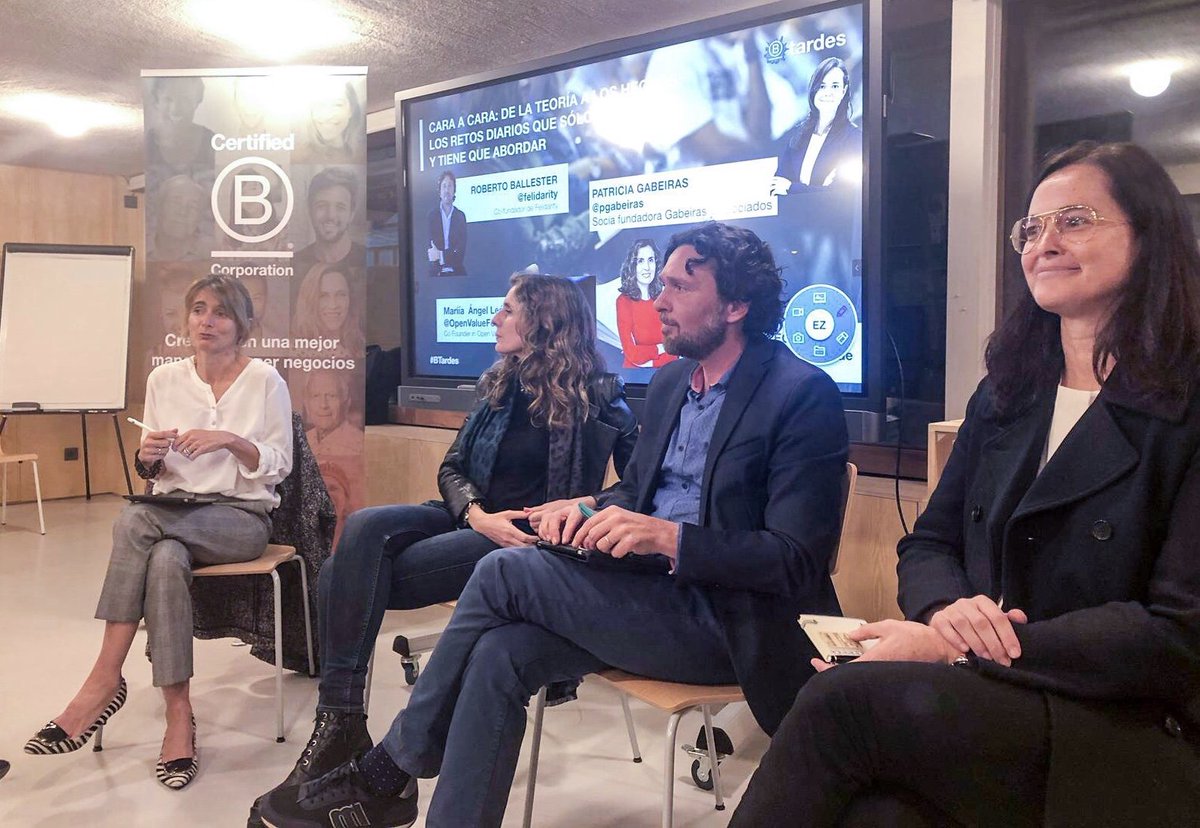 Ayer Patricia Gabeiras, <a href="/pgabeiras/">Patricia Gabeiras</a>, asistió como ponente a una nueva edición de #BTardes con <a href="/BCorpSpain/">B Corp Spain</a>. Liderazgo con propósito. Mantener el propósito en las empresas que están creciendo. Con Roberto Ballester de <a href="/felidarity/">Felidarity</a> y Maria Ángel León de <a href="/OpenValueFound/">Open Value Foundation</a>