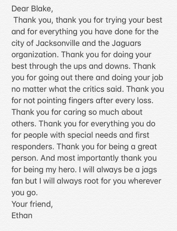 EBaye44's tweet photo. You can say what you want about Blake Bortles but to me he will always be my quarterback and I’ll always see him as a Jaguar. A true class act on and off the field.⛵️ #ThankYouBlake #BOAT #bb5 #jaguars #duuuval https://t.co/sDpufcFyKx