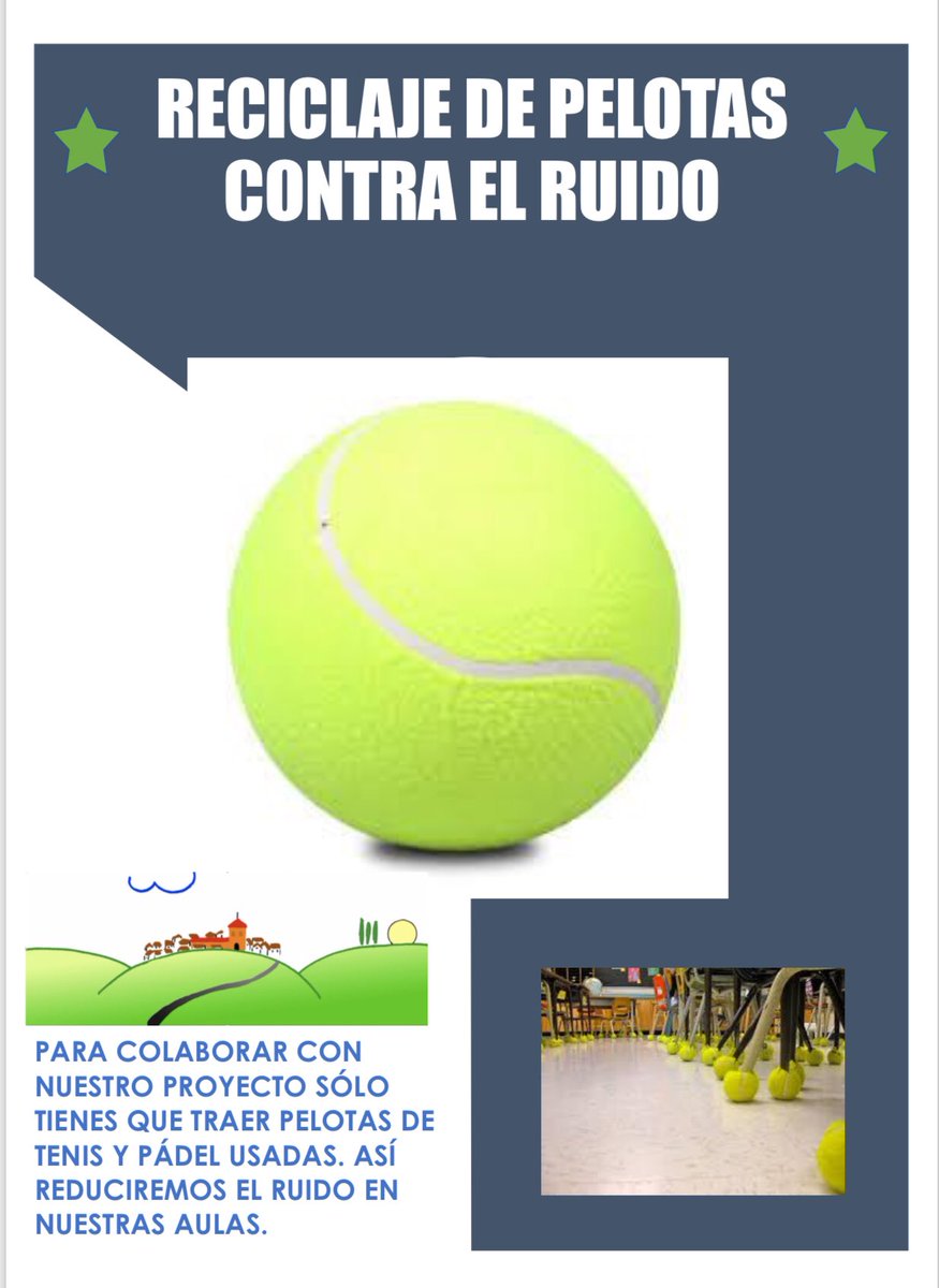 CeipRibera's tweet photo. NUESTRO RETO: ¡conseguir 6000 pelotas de tenis! Necesitamos la colaboración de todos para lograrlo. Trae pelotas de tenis o pádel al cole y comparte para que nos puedan ayudar ⁦@CeipRibera⁩ https://t.co/rqJAMhyEmh