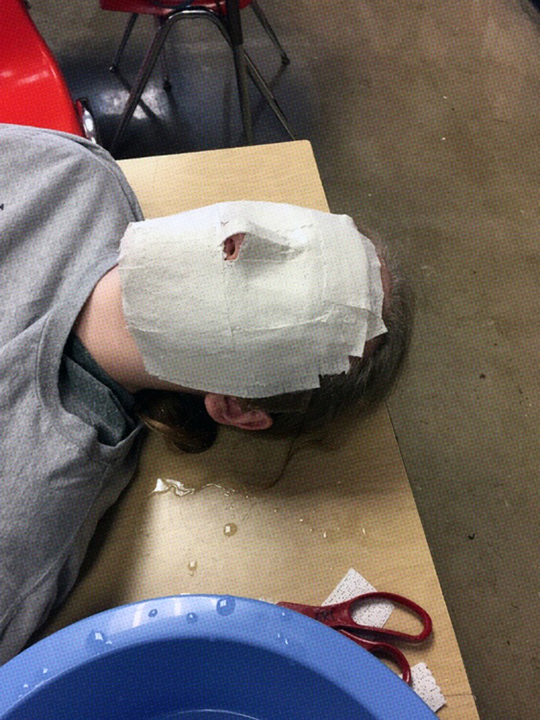 The first group of ART I students started creating plaster casts for their masks today.  #HuskyNProud