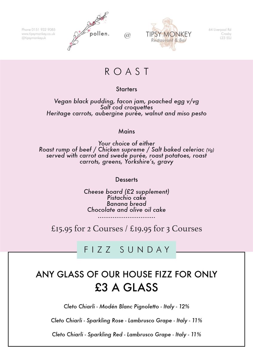 tipsymonkeyuk's tweet image. BIG ANNOUNCEMENT!

We have now launched a brand new Brunch menu served every Saturday and Sunday Morning from 9am till 1pm and even bigger news we now have a Sunday Roast on from 12pm every Sunday!!!!!  Book your table now!

#foodporn #crosby #tipsymonkeyuk #pollenrestaurantliv