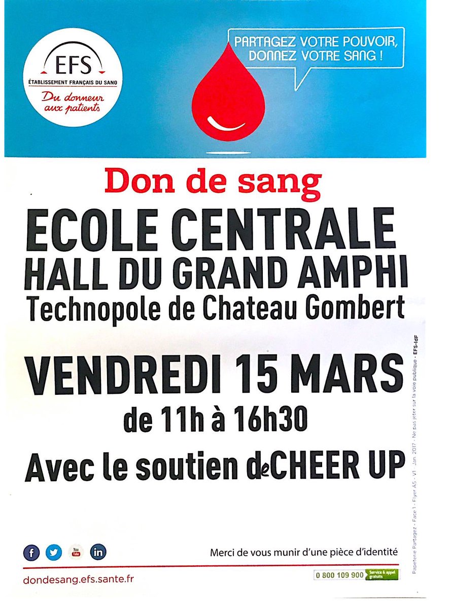 Cheer Up organise en partenariat avec l’ <a href="/EFS_dondesang/">Établissement français du sang</a> une campagne du #don_du_sang. Elle aura lieu ce Vendredi 15 Mars dans le hall du grand amphi à Centrale Marseille de 11h à 16h30.
Chaque année, 1 million de vies sont sauvées grâce aux dons de sang. 
On vous attend nombreux!