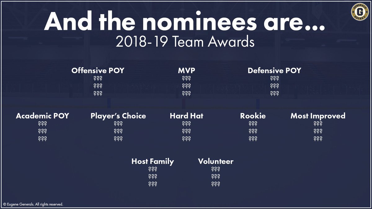 eugenegenerals's tweet photo. 🏆 It's Awards SZN 🏆

The 2018-19 team awards will be handed out tonight! Who's got your vote? 🤔

Stay tuned for the nominees to be announced at 6pm PST tonight, and the winners to be announced shortly afterwards. #GensFam https://t.co/sSohi2JUAN