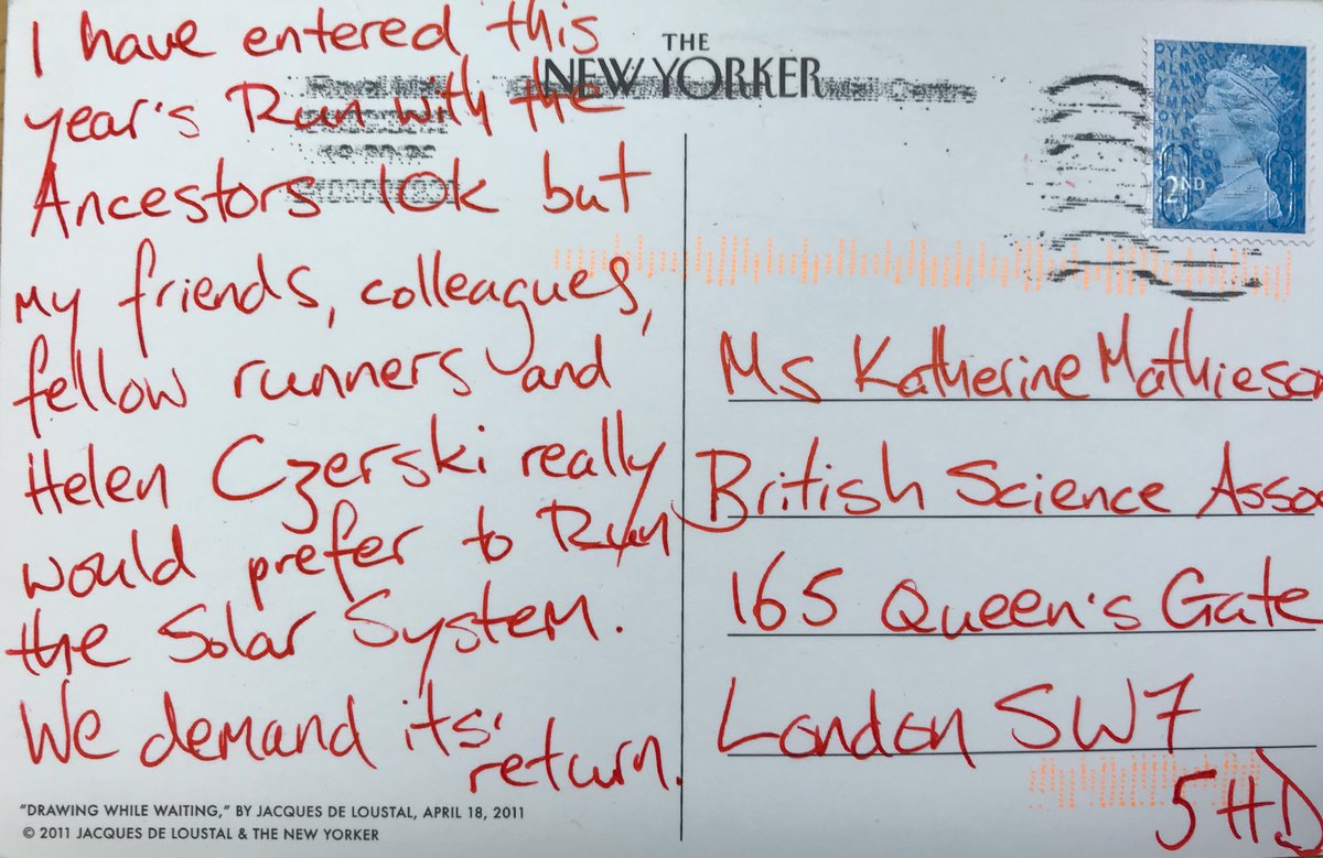 Kath_Math's tweet photo. Guess what turned up in the post? An anonymous demand in red ink on a postcard! Apparently this year's #BSW19 live race thro' 1million years of British history is not good enough! These runners want 2017's Solar System run back! What shall we do?! https://t.co/ziqIab9cOE #BSW19 https://t.co/1nQ1ygSOwF