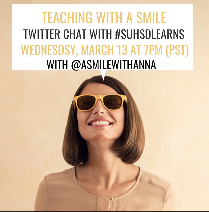 ASMILEwithAnna's tweet photo. Join me tonight (3/13) at 7PM (PST) for a positive Twitter PD with #SUHSDLearns!
#SUHSD #TLAP #LeadLAP #ZenTeacher #Path2Serendipity #RealEDU #MakeLearningMagical #LearnLAP #SEL #TeacherSelfCare #FBCAL https://t.co/BeKGGMpGJl
