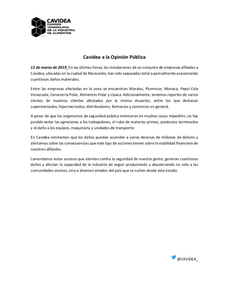 CAVIDEA_'s tweet photo. Comunicado de Cavidea sobre los hechos que están ocurriendo en el estado Zulia https://t.co/cbV0qnlU21