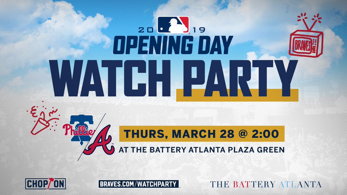 Braves's tweet photo. 📢 Braves Opening Day Watch Party at The @BatteryATL &amp; @SunTrustPark on Thursday, March 28th! 

Details: https://t.co/RTRArk97nZ! https://t.co/1PrB6qg8Dy