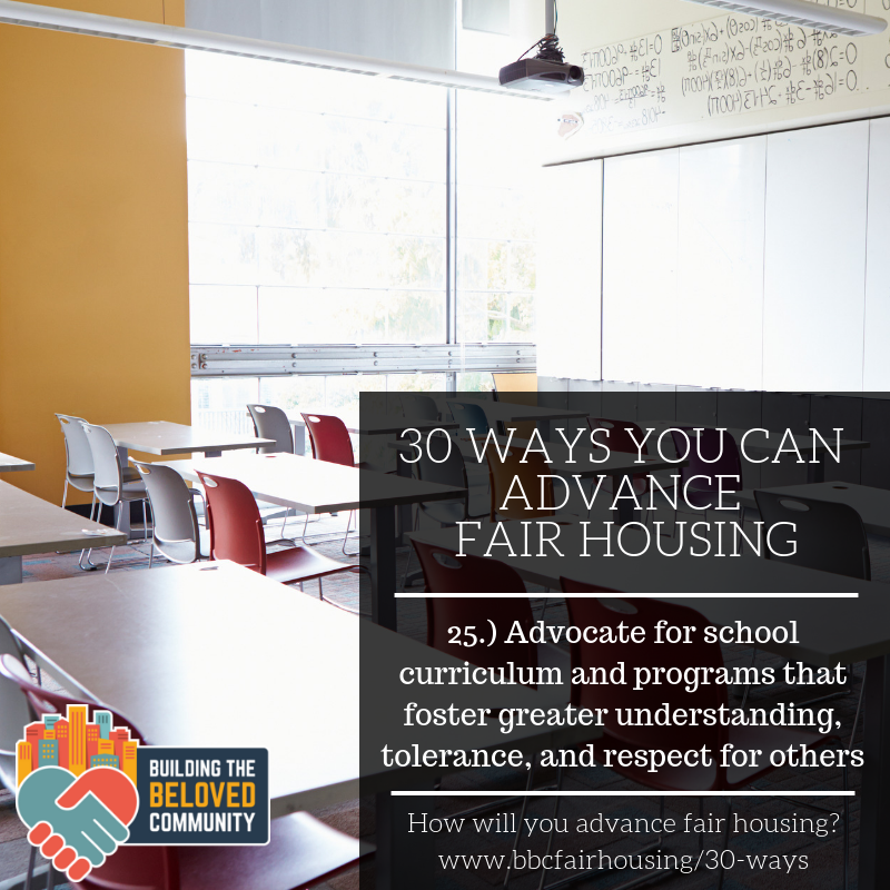fairhousingnyc's tweet photo. How can you advance #FairHousing in your community? Way #25 - Advocate for school curriculum that fosters greater #tolerance and #respect for others. Learn more about the 30 Ways You Can Advance Fair Housing at https://t.co/oZNyIzCTer #30Ways #BuildingtheBelovedCommunity https://t.co/JlFCfhX514