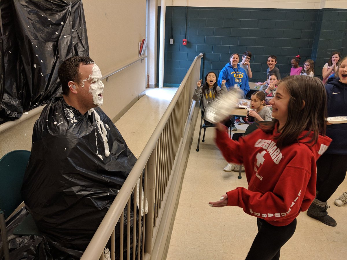 RSchrembeck's tweet photo. Lee Eaton students throwing pies in the admin's faces to raise money for a great cause- leukemia/lymphoma society! Round 1, 3 more to go!! @DrJoeClark @NHillsNews @DebJustus @LeeEatonAP https://t.co/oqWs1Oc12V