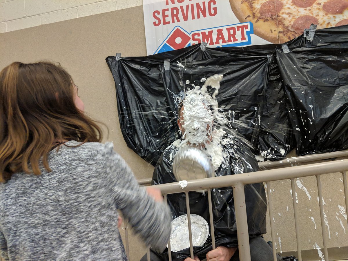 RSchrembeck's tweet photo. Lee Eaton students throwing pies in the admin's faces to raise money for a great cause- leukemia/lymphoma society! Round 1, 3 more to go!! @DrJoeClark @NHillsNews @DebJustus @LeeEatonAP https://t.co/oqWs1Oc12V