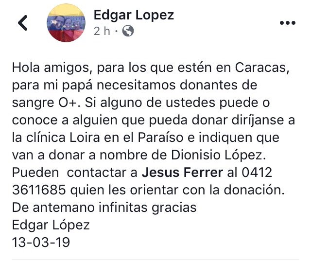 @donantedesangreVE Buscamos donantes de sangre O+ en Caracas para Dionisio López, más información en la imagen. Gracias por compartir
