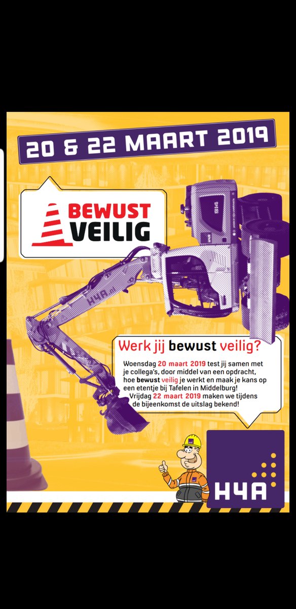 Altijd Veilig werken, maar op 20 maart doet ook <a href="/H4A_/">H4A</a> mee aan de Bewust Veilig dag. bewustveilig.com/bewust-veilig/ Wij spreiden het over twee dagen. 20 en 22 maart.