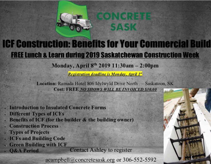 ConcreteSask's tweet photo. Kick off @SKConstructWeek with us in Saskatoon April 8th for a FREE lunch &amp; learn: ICF Construction- Benefits for Your Commmercial Build! Register by April 1st! 👇🏼👇🏼👇🏼👇🏼 https://t.co/h9GKU0V4d0 #BuildForLife #BuildWithStrength #SKConstructionWeek #concreterocks #concrete #ICF https://t.co/IirZvCHTp7
