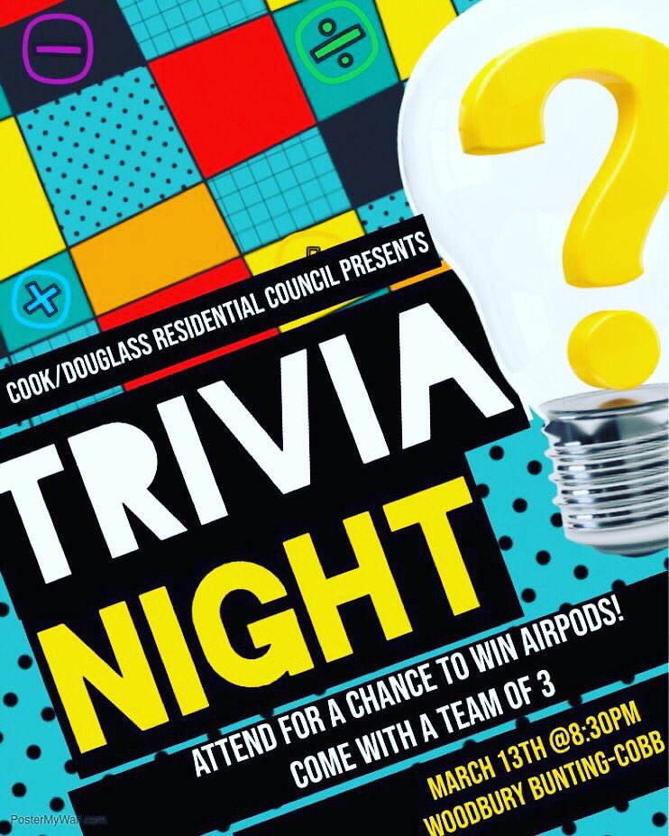 RutgersRHA's tweet photo. Are you the trivia master?? Unleash your trivia knowledge at the RHA Cook/Douglass Trivia Night TONIGHT 🤓 Head over to Woodbury-Bunting Cobb to put your skills to the test! 
There’s also a chance to win AIRPODS 🔊🎶 https://t.co/xrCU45d3qC
