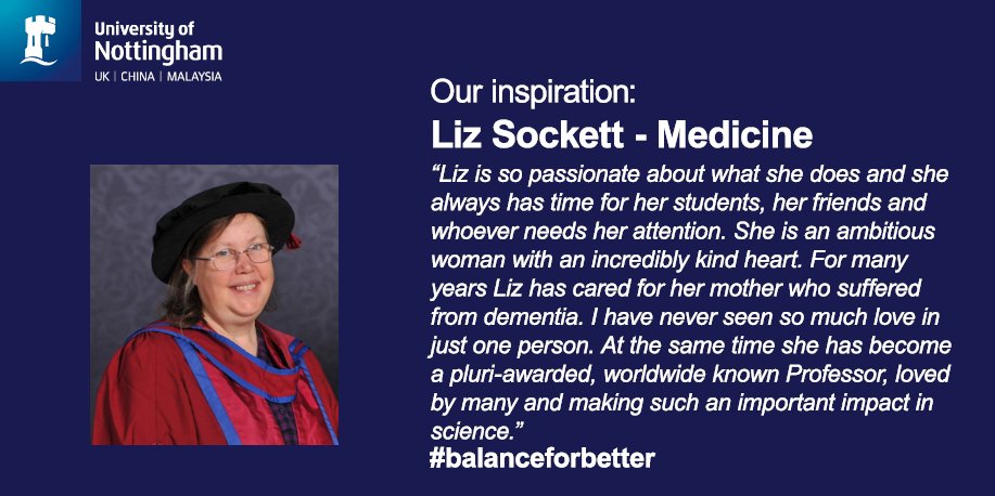 We're celebrating Inspirational Women this month for #IWD2019 and Liz Sockett from <a href="/MedicineUoN/">Uni of Nottingham School of Medicine #WeAreUoN</a> is next! #balanceforbetter