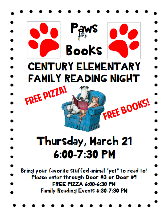 CenturyGF's tweet photo. Century families: join us for our free Family Reading Night on March 21! #centurygf #gfschools #familyreadingnight #pawsforbooks https://t.co/C0DJiVusln