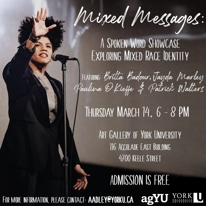 AllysonAdley's tweet photo. Mixed Messages, a spoken word showcase exploring mixed race identity happens tomorrow at the @A_G_Y_U. Come check out our brilliant lineup featuring @missbrittab Jayda Marley, @Paulina_Okieffe and @PatrickCWalters. #spokenword #poetpower #agyu https://t.co/jB1tyW3qwN