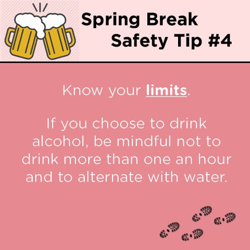 UofSC_SHS's tweet photo. Hope you're enjoying spring break, Gamecocks. Be mindful of your alcohol intake when going out. Other than that, have fun! #UofSCspringbreak #safetytips https://t.co/R0Aa88LC6D