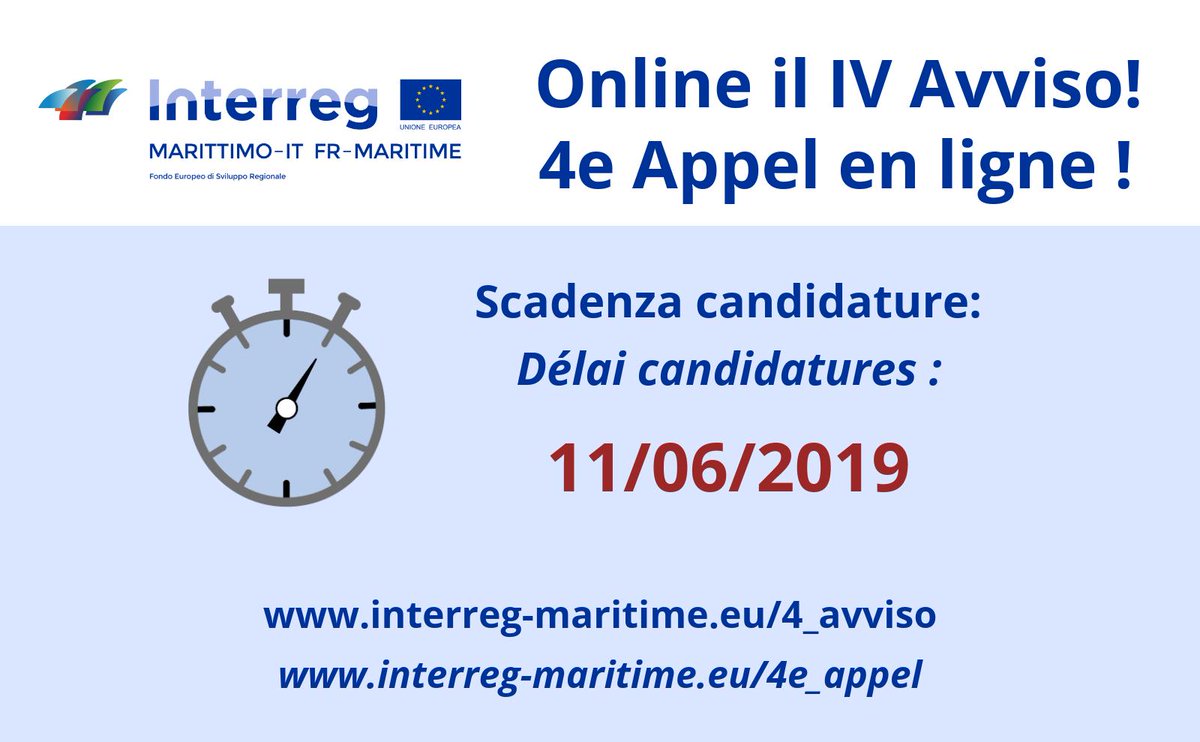 🛎  E' ONLINE IL IV AVVISO per la selezione di progetti!
      👉interreg-maritime.eu/it/web/pc-mari…
🛎 C'EST EN LIGNE LE 4e APPEL à projets! 
      👉interreg-maritime.eu/fr/web/pc-mari…
