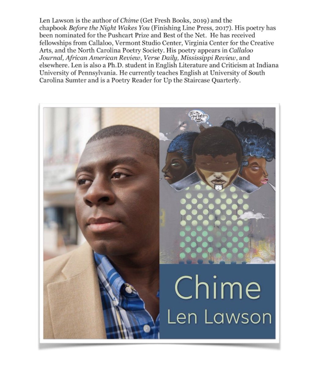 Please join us on Friday, March 29th from 7PM to 9PM at the Langston Hughes House to celebrate Len Lawson's debut collection, Chime. 

#poetryreadings #nycevents #langstonhugheshouse #debutbooks #getfreshbooksllc 
@cmanick @lenvillelaws @SageEkere @ITooArts