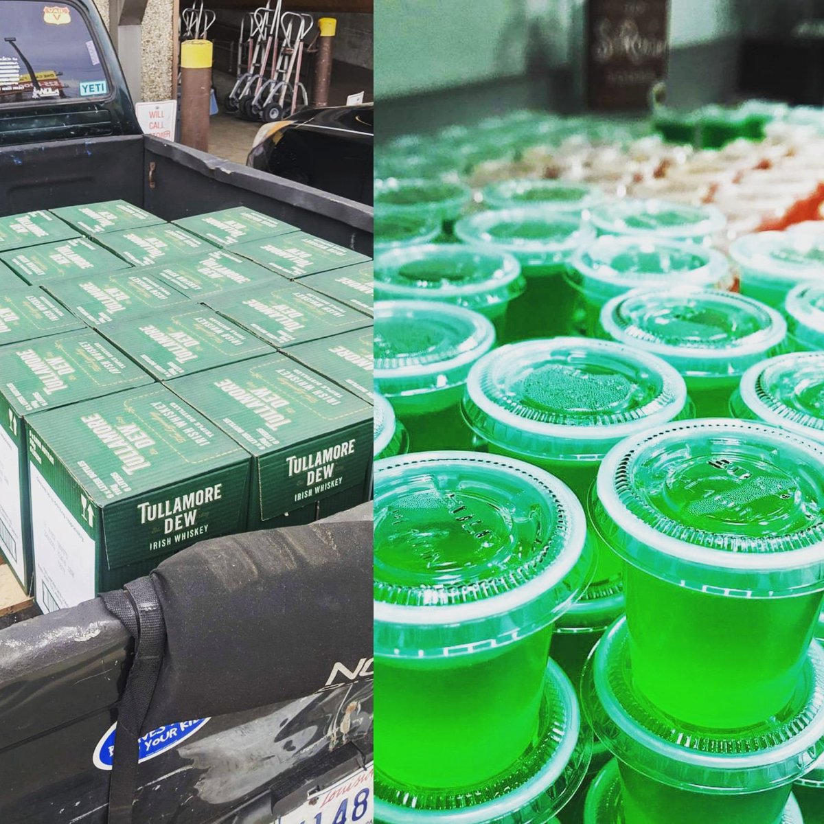 TraceysNola's tweet photo. We are stocking up because we know you are coming! #stpatsprep #StPatricksDay #groundzero #whosin #luckotheirish #bringyourbestself #greenbeer #greenjello https://t.co/xn4OcvhPML