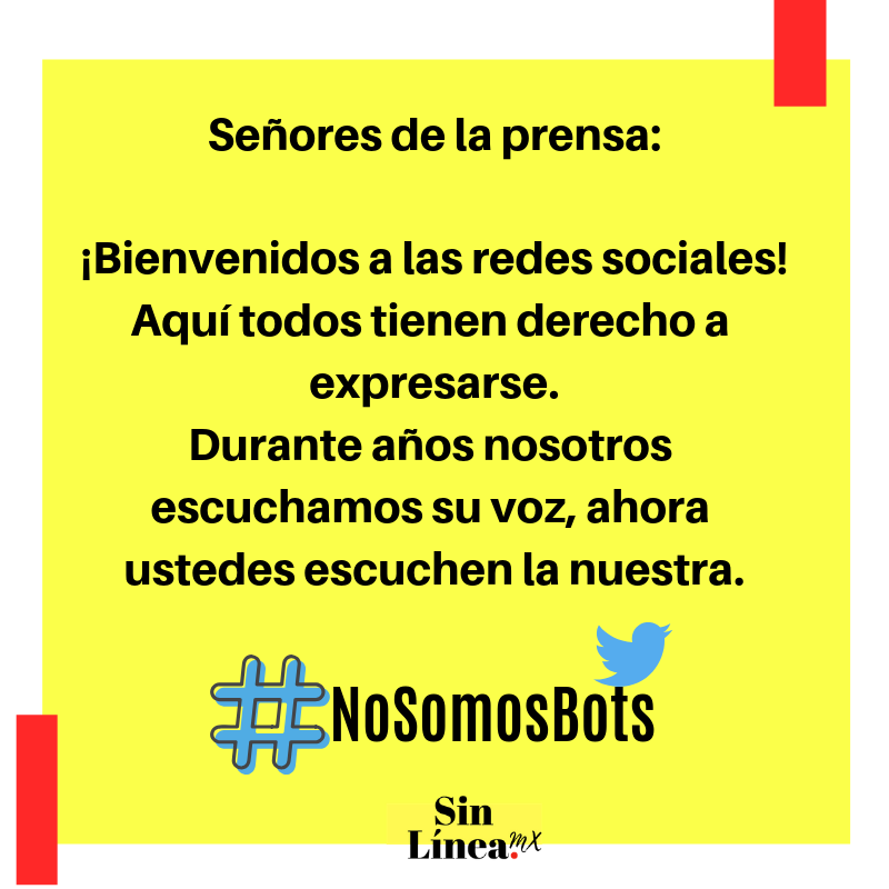 SinLinea_Mx's tweet photo. Señores de los medios:
¡Bienvenidos a las redes!
Tanto en Facebook, Twitter y YouTube la comunicación es de ida y vuelta. 
Se les acabó un pueblo que sólo escuchaba y quedaba callado.
#NoSoyBot #RedAMLOVE #AvísameQueSoyBot #NoSomosBots https://t.co/zSyJgNOUfl
