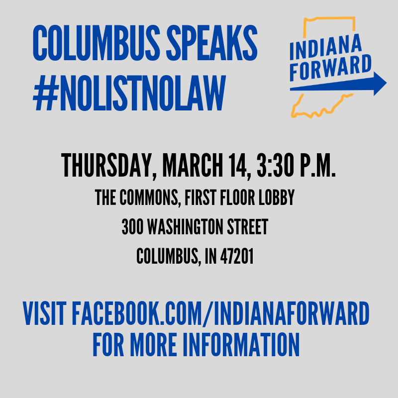IndianaForward's tweet photo. COLUMBUS SPEAKS: #NOLISTNOLAW – Join us @ The Commons as the Indiana Forward campaign and Columbus community leaders call on the Indiana House of Representatives to restore the enumerated list of protected classes to SB 12. Visit the #IndianaForward Facebook page for more info. https://t.co/fnlRaIdHim