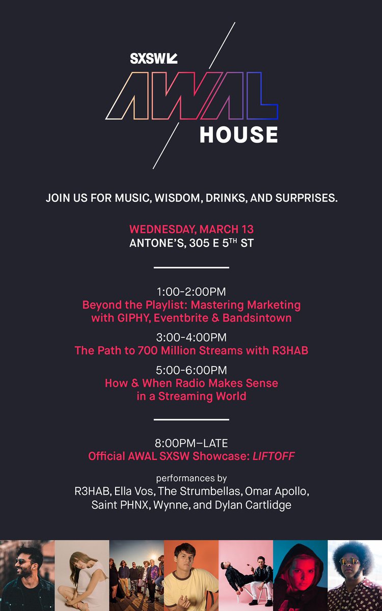 AWAL's tweet photo. Today’s the day Austin!

We’re here at @sxsw kicking things off at the #AWALHouse in just an hour 🚀

Bring friends old &amp; new for a day of good hangs, wisdom &amp; great music. #AWALSXSW https://t.co/CT29DgKmsU