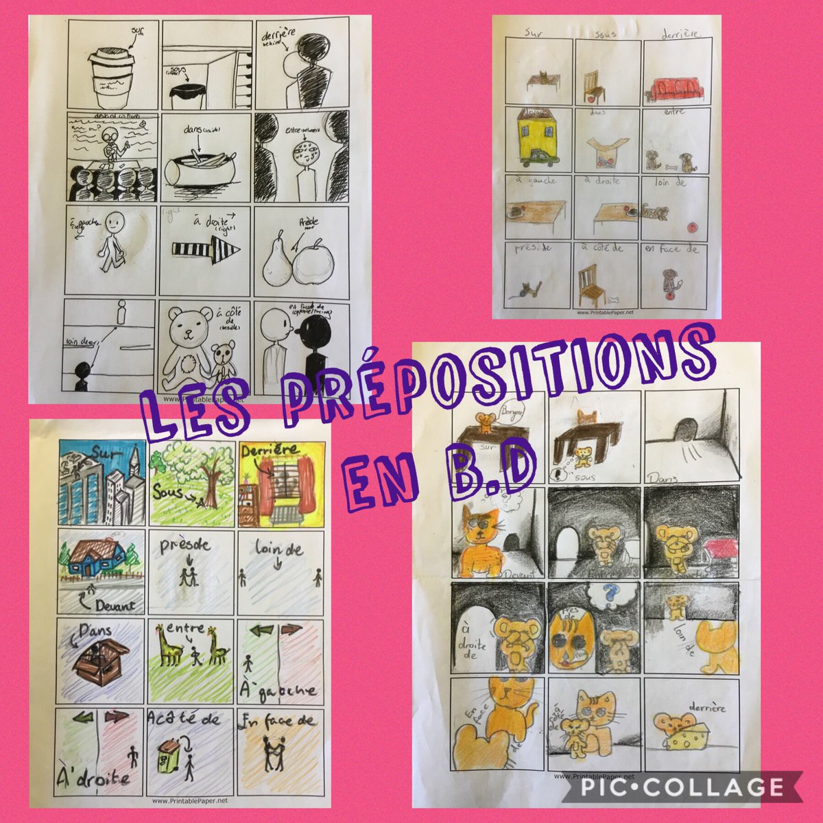 A sample of comic strips made by 1st years @stleoscarlow this week. They had to illustrate the different 'prépositions' in each box 🖼. Moi j'adore la 🐭 et le 🐱 car c'est une histoire ! #MFLie #mfltwitterati #french