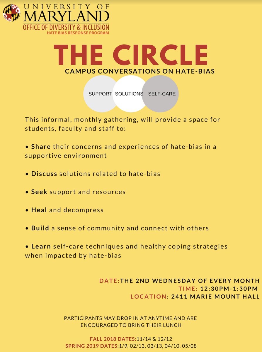 DiverseTerps's tweet photo. Happening Today! Come to The Circle: Campus Conversations on Hate-Bias focused on Support, Solutions and Self-Care in 2411 Marie Mount Hall from 12:30-1:30pm https://t.co/LxUDGRq1cx