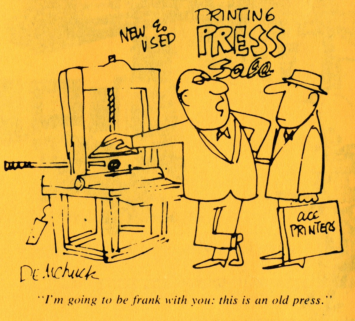 HowardIronWorks's tweet photo. I'm going to be frank with you: this is an old press. #WednesdayWisdom #WednesdayFunnies #letterpress #gutenberg #gutenbergpress #antiquepress #cartoon https://t.co/F26Nvhu4jb
