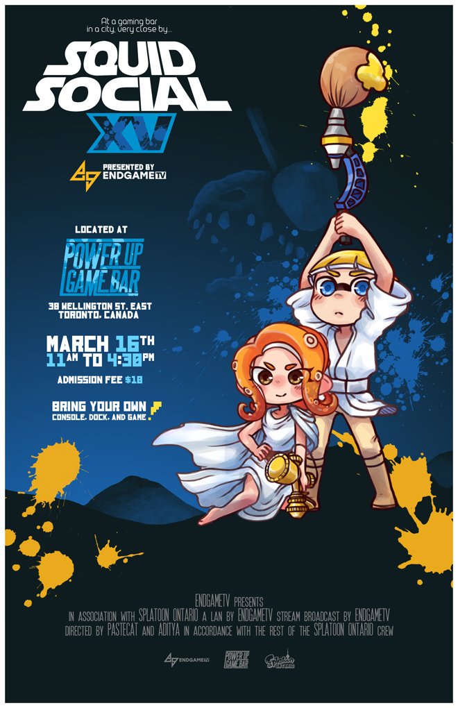 Coming soon to a Toronto Splatoon LAN near you! A story of hope, adventure, and fun for everyone!

SQUID SOCIAL XV

Poster art by <a href="/Punnybuni/">Puni ( •̀ω•́ )σ</a> ! (Go check out her work!)

This poster will be available for sale at the event! May the woomy be with you!