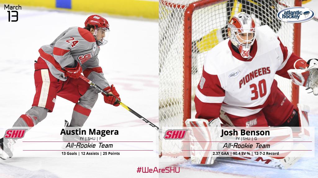 SHU Pioneers (@shubigred) on Twitter photo CONGRATS to <a href="/SHUHockey/">SHU Hockey</a> First-Years Austin Magera and Josh Benson on being named to the <a href="/Atlantic_Hockey/">Atlantic Hockey America</a> All-Rookie Team! Make sure to see this dual threat tonight <a href="/Webster_Arena/">Molly</a> at 7:05 p.m. For tickets please call 203-396-TIXX! #WeAreSHU
Release: shubigred.com/x/wtlap CONGRATS to <a href="/SHUHockey/">SHU Hockey</a> First-Years Austin Magera and Josh Benson on being named to the <a href="/Atlantic_Hockey/">Atlantic Hockey America</a> All-Rookie Team! Make sure to see this dual threat tonight <a href="/Webster_Arena/">Molly</a> at 7:05 p.m. For tickets please call 203-396-TIXX! #WeAreSHU
Release: shubigred.com/x/wtlap