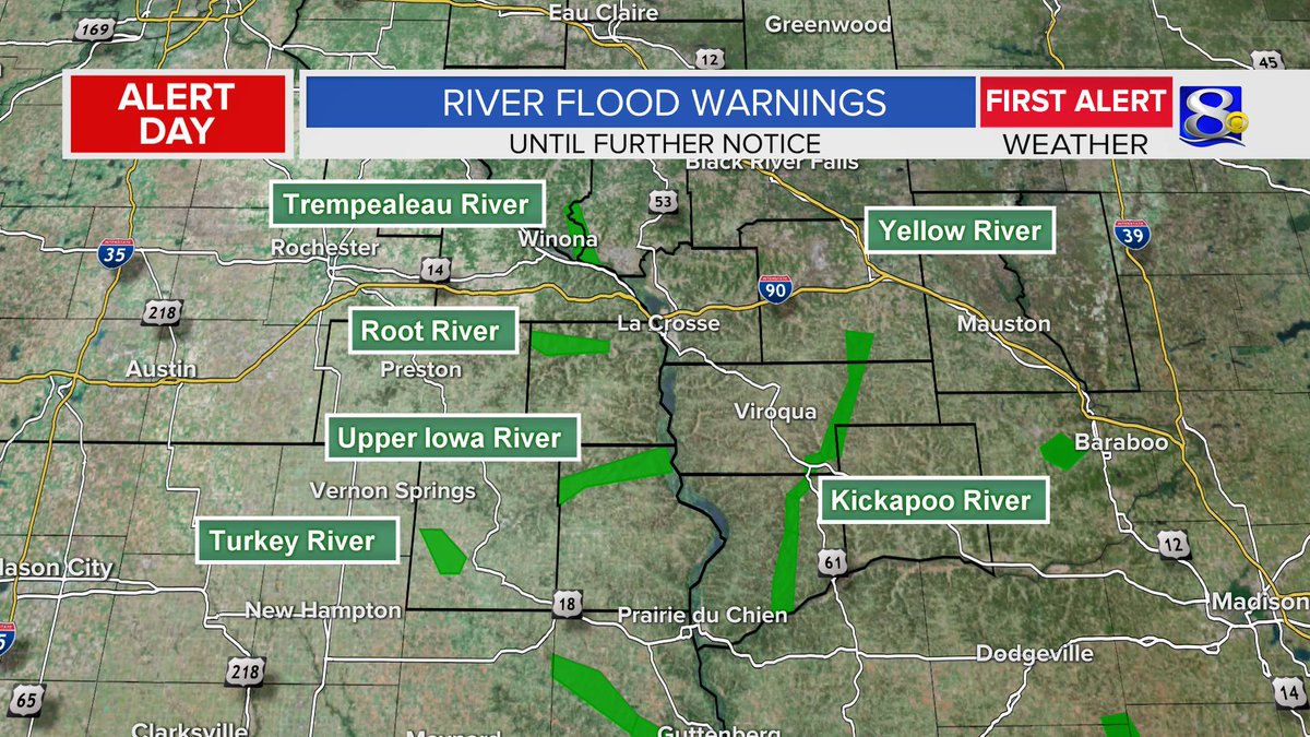 BillGraulWx's tweet photo. RIVER FLOOD WARNINGS in effect for the following rivers until further notice:
*Kickapoo
*Trempealeau
*Root
*Yellow
*Upper Iowa
*Turkey
Flooding possible due to rainfall &amp; melting snow. Ice jams could occur as well which could cause rapid fluctuations in water levels. https://t.co/jFxQjOCq3V