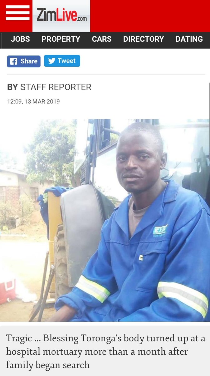 MDC SUPPORTER TURNS UP DEAD AFTER HAVING BEEN KIDNAPPED BY SUSPECTED STATE SECURITY AGENTS ON 24 JANUARY
<a href="/zimlive/">ZimLive</a> 13/319

His life was tragically SHORTENED as per Mnangagwa's satanic threat that the lives of opposition supporters will be shortened!

zimlive.com/2019/03/13/mdc…